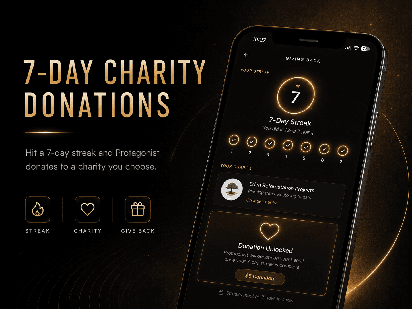 Protagonist app feature screen for 7-day charity donations