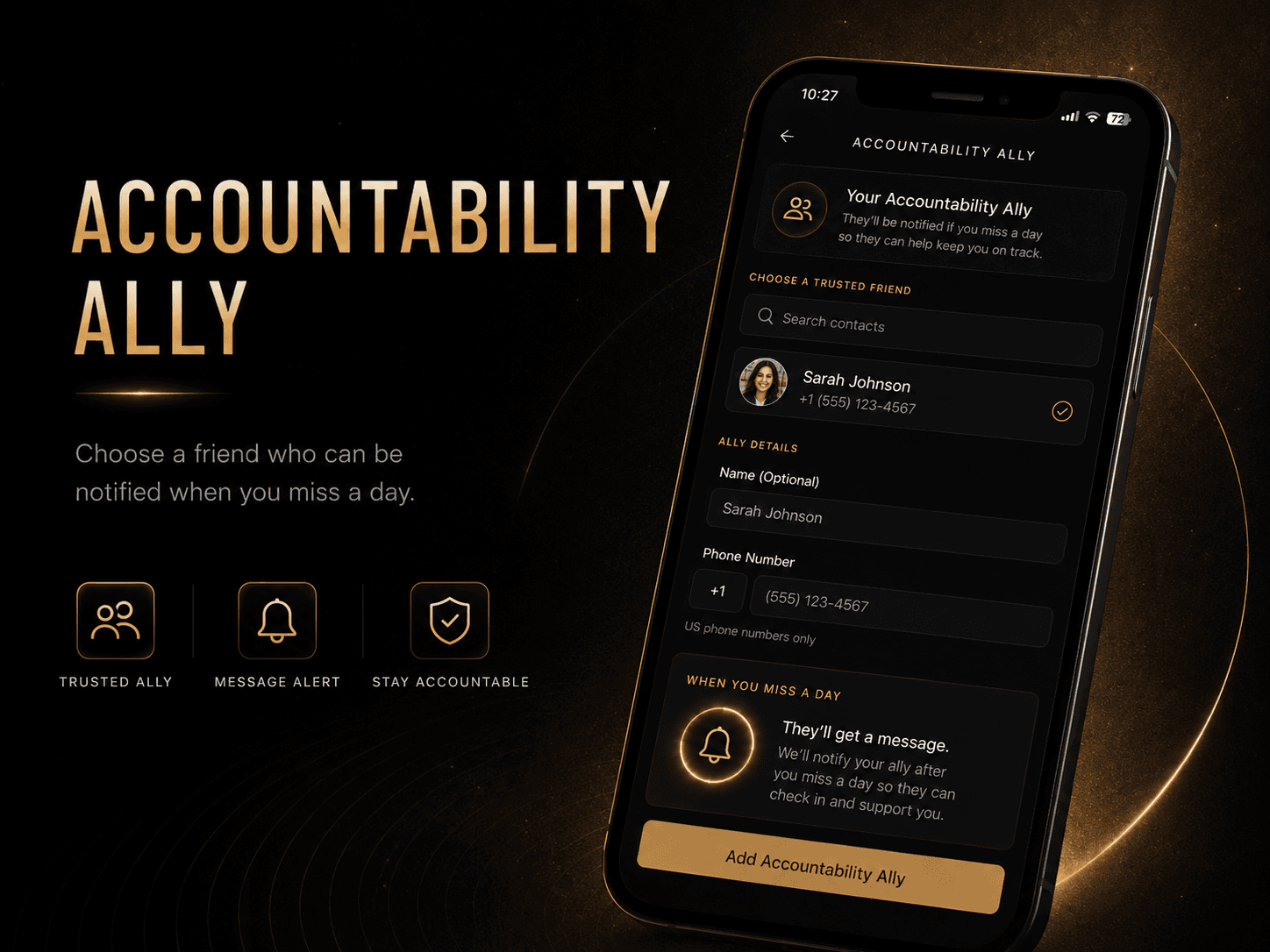 Protagonist app feature screen for choosing an accountability ally