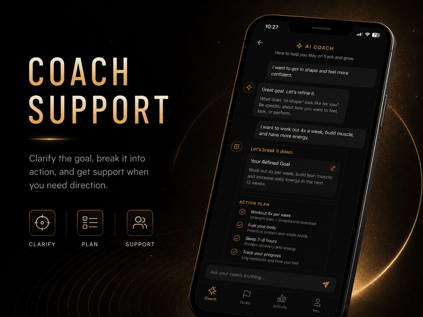 Protagonist app feature screen for coach support